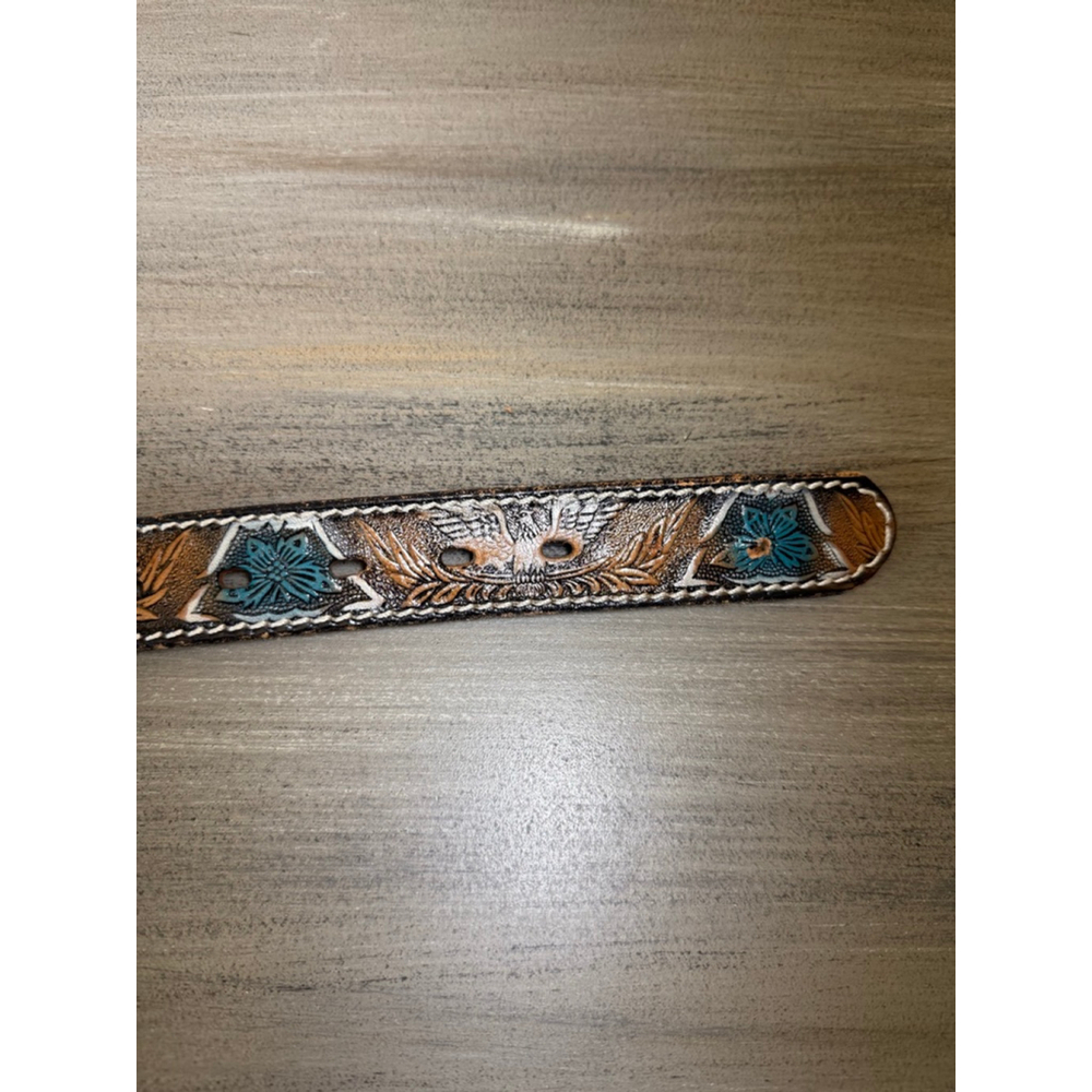 Vintage Tooled Cowhide Leather Belt Eagle/Floral Teal 26 Waist - Picture 3 of 12